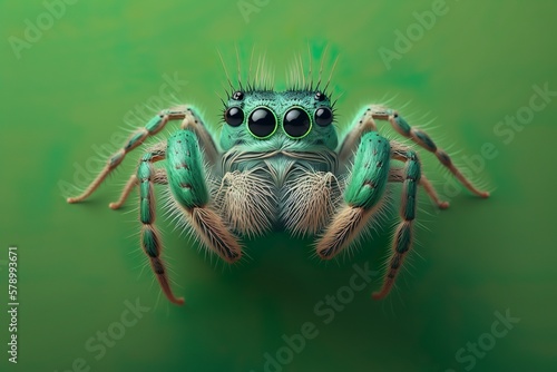 Green jumping spider. Close up portrait. Generative AI