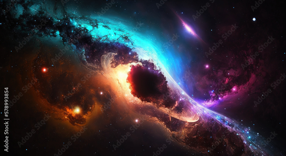 Distant neon galaxy in space. Stars, nebulas and dark matter. Generative AI