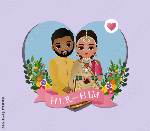 Bride and groom cute couple in traditional indian dress cartoon character