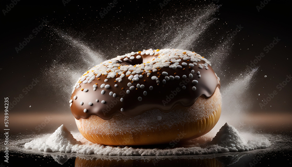 Super delicious donut powdered with sugar on dark background. Generative AI