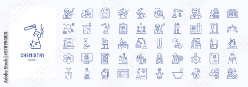 A collection sheet of outline icons for Chemistry and experiment including icons like research, equipment and toxicologist photo