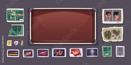 Investigation board set. Police workplace with evidence, detective pinboard with information suspect people fingerprints, crime research. Vector collection