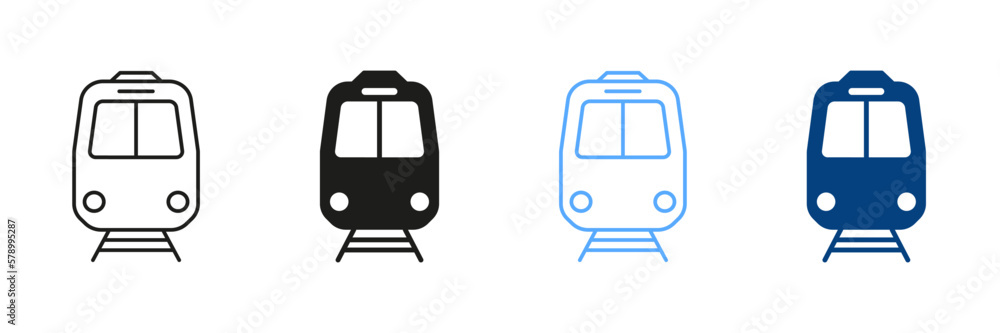 Train Line And Silhouette Color Icons Set. Railway Station Pictograms. City Electric Public Transportation Sign Collection, Freight Locomotive Outlines And Solid Symbol. Isolated Vector Illustrations - obrazy, fototapety, plakaty 