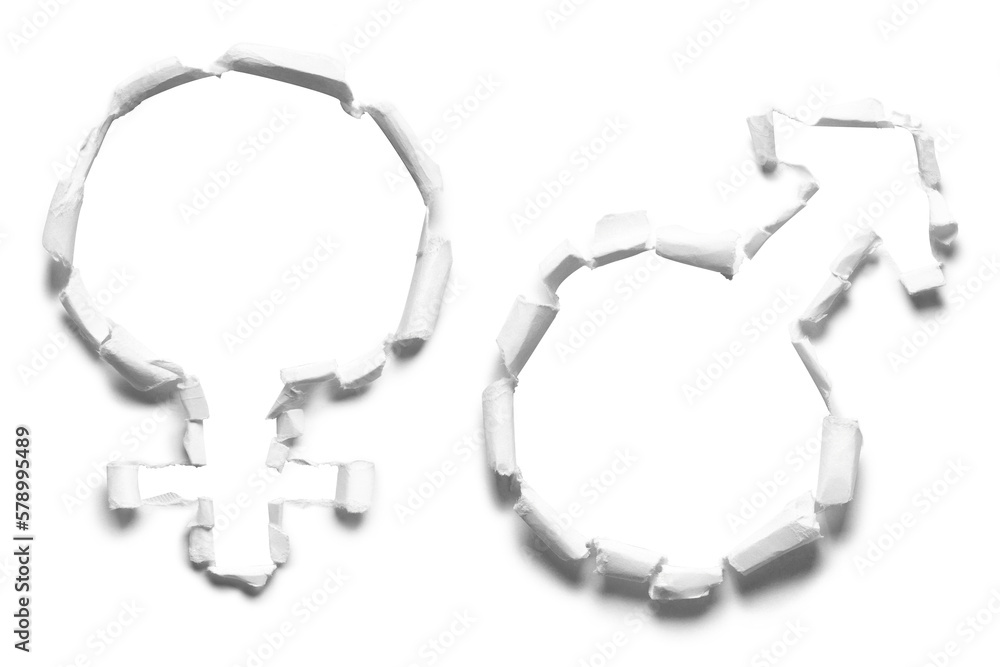 Man and female signs, holes torn through paper, cut out Man and female signs, holes torn through paper, cut out