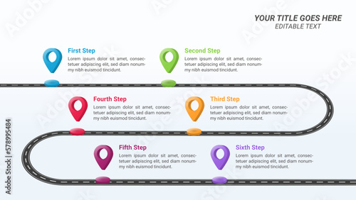Road Timeline Infographic Presentation Template on 16:9 Ratio with 3D Location Pin and Six Options or Steps for Business Presentations, Finance Reports, Web Design, and Yearly Reports.