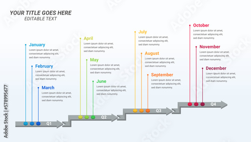Arrow Timeline Infographic Presentation Template with Twelve Months Options or Steps for One Year Forecast, Business Presentations, Finance Reports, Business Planning, and Yearly Reports.