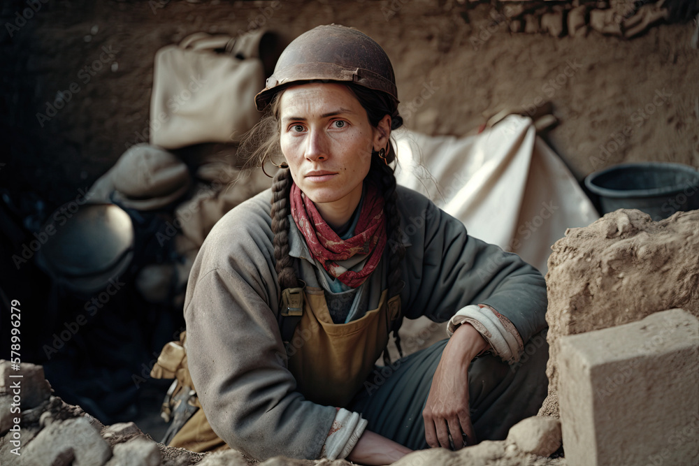Archeologist woman at excavation site, Generative AI Archeologist woman at excavation site, Generative AI
