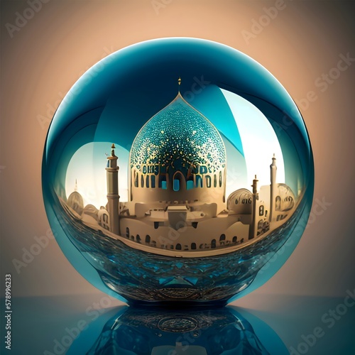 a digital art piece of a glass ball containing a mosque, AI art, generative AI #2