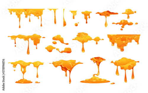 Dripping honey. Yellow sweet liquid nectar essence flow, syrup drops and splashes, natural organic product sticky droplet. Vector isolated set