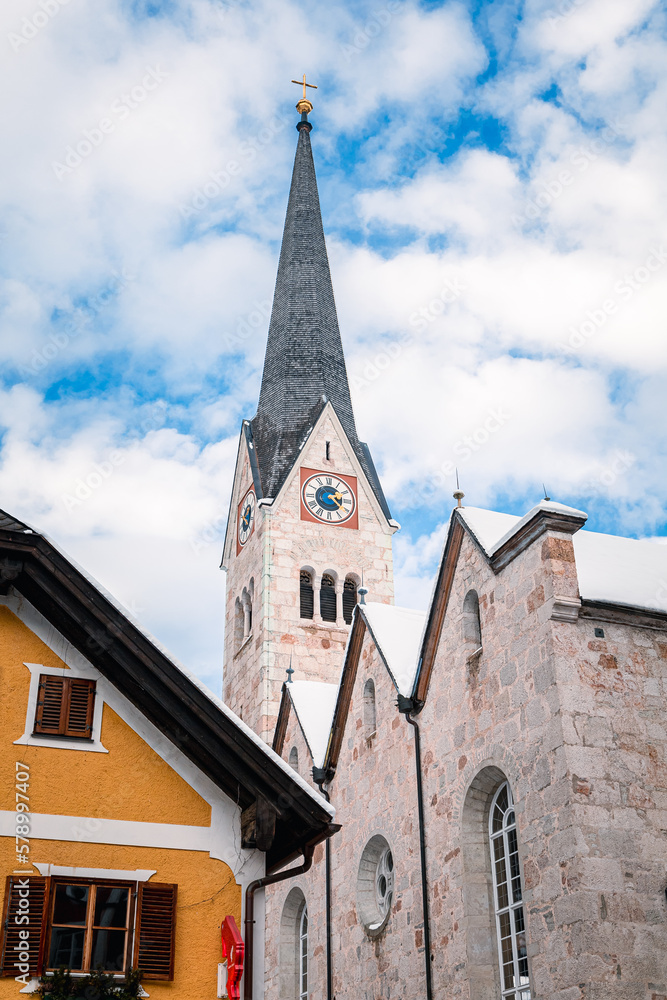 Church in Hallstatt on a sunny day in winter