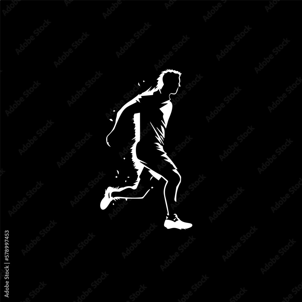 Minimalistic logo template, white icon of football player silhouette on black background, modern logotype concept for business identity, t-shirts print, tattoo. Vector illustration