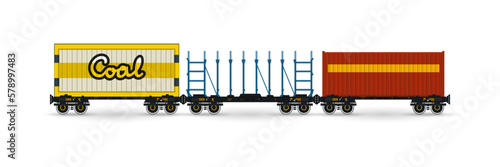 Railway freight wagons, wagon for coal or sand or other granular material, platforms for timber transportation, container platform for transportation of containers by rail, vector illustration