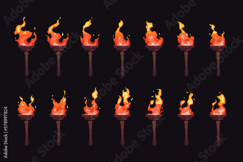 Torch burning sequence. Sprite animation frame set, cartoon medieval fire blaze icons for game asset, ancient flammable glow symbol. Vector collection