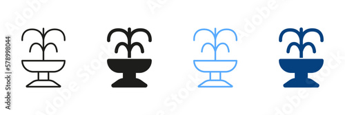 Fountain Silhouette and Line Icon Set. Pouring Water Black and Color Pictogram. Park and Garden Architecture, Fountain Symbol Collection. Vector Isolated Illustration