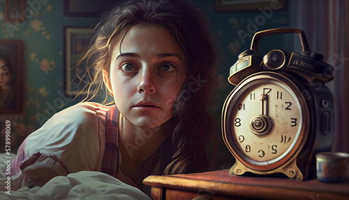 Chica junto a un reloj despertador en primer plano en su habitación , concepto de insomnio, generado con IA.