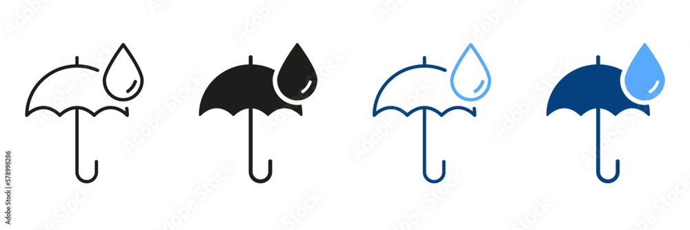 Umbrella Protective from Rain Silhouette and Line Icon Set. Umbrella with Drop Sign. Rain Concept Black and Color Pictogram Collection. Isolated Vector Illustration Umbrella Protective from Rain Silhouette and Line Icon Set. Umbrella with Drop Sign. Rain Concept Black and Color Pictogram Collection. Isolated Vector Illustration