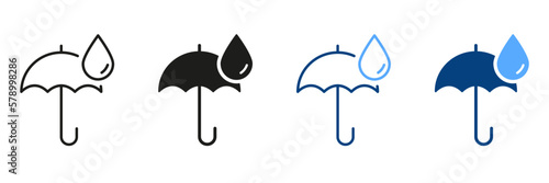 Fotografie, Tablou Umbrella Protective from Rain Silhouette and Line Icon Set
