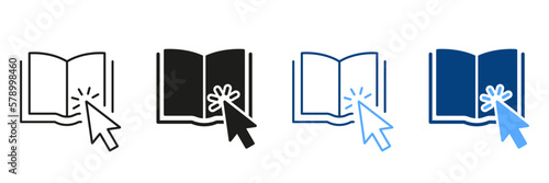 Online Library Application Silhouette and Line Icon Set. Mouse Pointer with Open E-book. Electronic Book for Education and Learning. Choice and Download Online Book. Isolated Vector Illustration