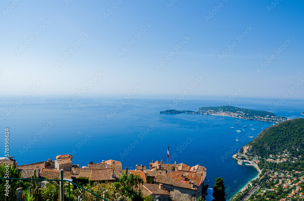 the view from the village of eze on the french riviera coast. in the middle of the botanical garden of eze. in July of 2016