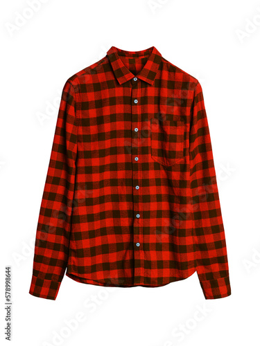 Red classic tartan checkered shirt with long sleeves isolated on white background