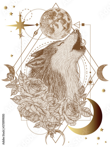 Vector mystical illustration of a wolf in the colors of roses on the background of the moon, stars and ornaments
