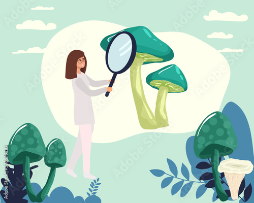 Food laboratory icon isometric vector. Male scientific chemist and champignon. Food quality control.