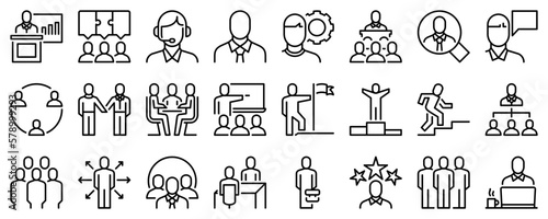 Line icons about business people on transparent background with editable stroke.