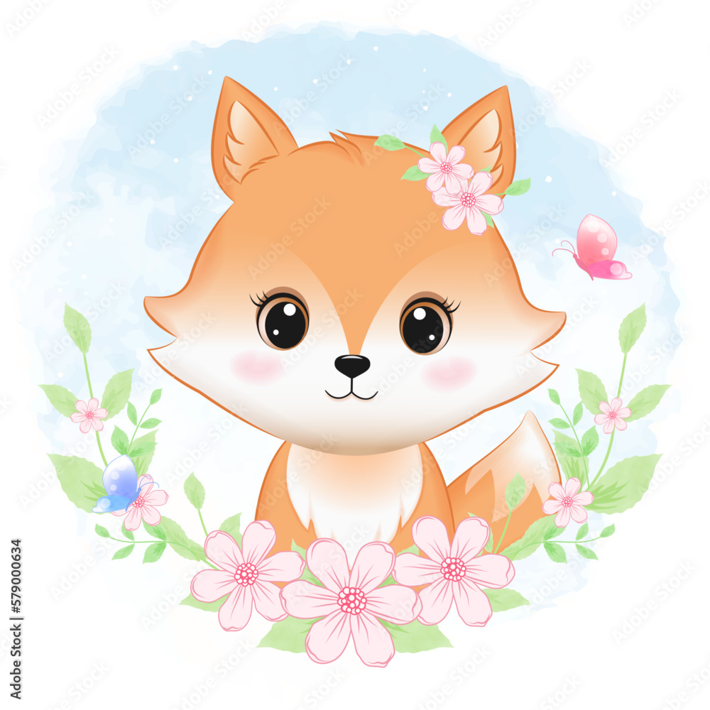 Cute fox and flower frame hand drawn cartoon illustration watercolor background Cute fox and flower frame hand drawn cartoon illustration watercolor background