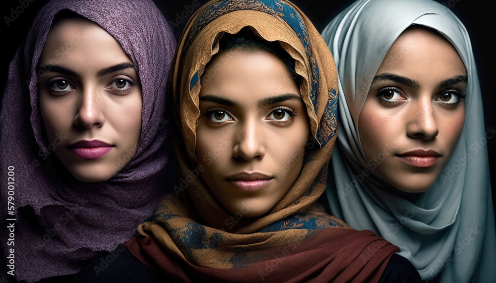 Portrait of 3 beautiful Arab woman smiling looking at the camera indoors . IA Generative Portrait of 3 beautiful Arab woman smiling looking at the camera indoors . IA Generative