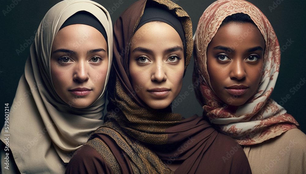 Portrait of 3 beautiful Arab woman smiling looking at the camera indoors . IA Generative Portrait of 3 beautiful Arab woman smiling looking at the camera indoors . IA Generative