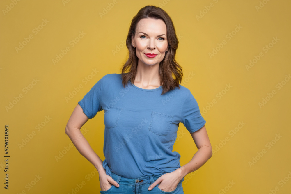 Obraz premium Beautiful caucasian girl standing on a yellow background looking at the camera. AI generative