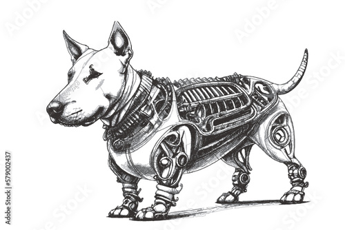Biomechanical Bull Terrier cyborg. Doodle sketch. Vector illustration.