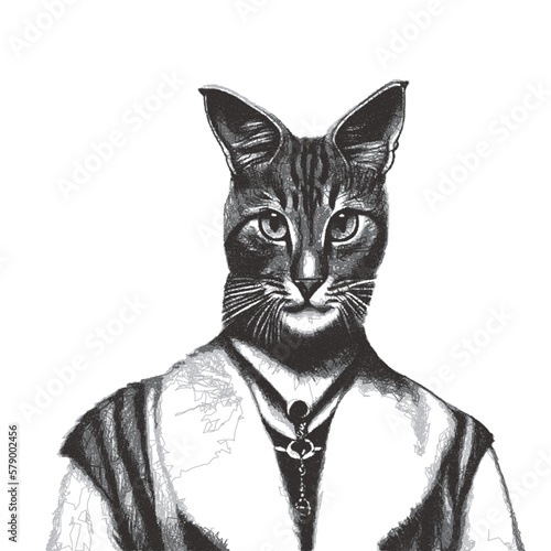 Portrait of a anthropomorphic cat. Doodle sketch. Vector illustration.