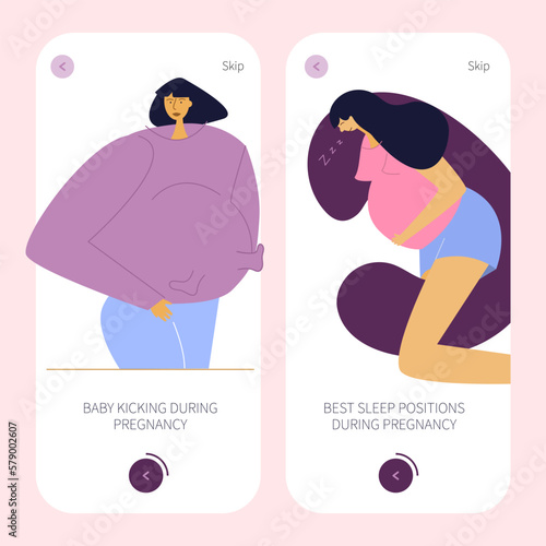 The app design with pregnancy woman. BABY KICKING. New mom comfort sleep in U shaped pillow, best positions. Pregnant women has often discomfort, heaviness and uncomfortably.