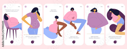 The app design with pregnancy women. New mom has got often nausea, vomit, back pain, swollen feet, lethargy and tiredness. Baby move and kicking in belly. Best sleep positions during pregnancy.