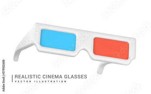 Realistic blue-red 3D stereo glasses for watching movies in plastic cartoon style. Vector illustration