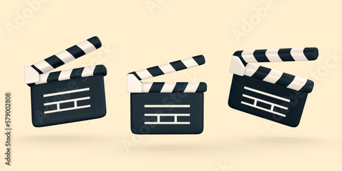3d realistic Clapperboard. Movie clapper board in plastic cartoon style. Vector illustration