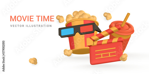 Movie time poster. Banner with movie clapperboard, bucket of popcorn and cinema 3d glasses. Vector illustration