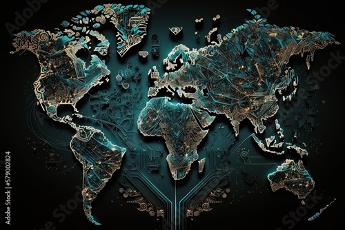 Abstract artificial intelligence world map in futuristic. Global world network connection concept. Generative AI