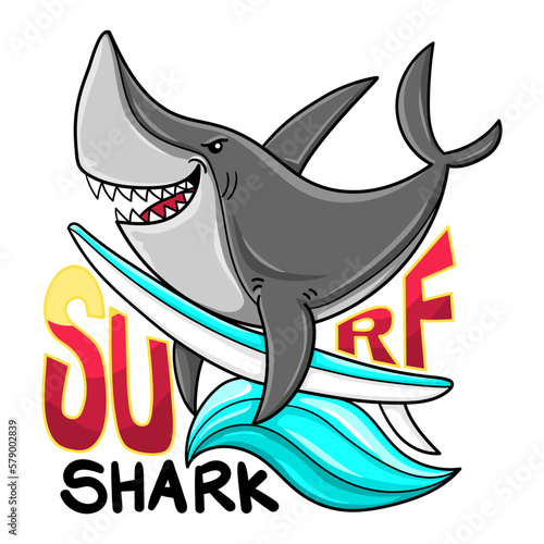 Illustration of a surfer shark, mounted on a surf table with handmade letters, vector illustration