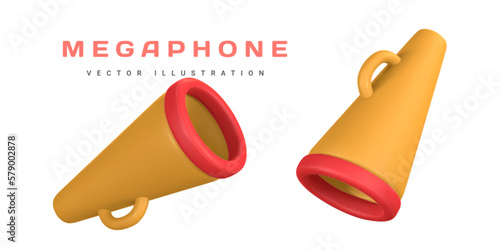 Realistic 3d plastic megaphone in cartoon style. Vector illustration