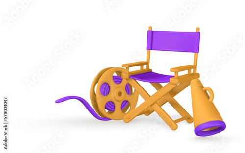 Cinema and Movie time. Film reel, director chair, loudspeaker in plastic cartoon style. Vector illustration photo
