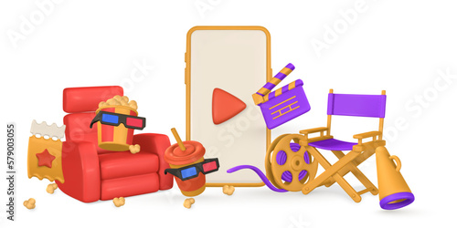 Cinema and Movie time. Banner with phone, film reel, director chair, loudspeaker, clapperboard, bucket of popcorn, armchair,  ticket, 3d glasses and paper cup. Vector illustration