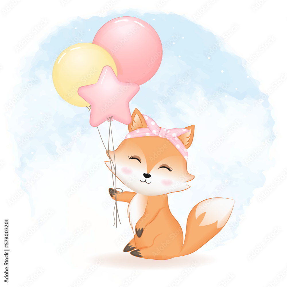 Cute fox and balloons hand drawn cartoon illustration watercolor background