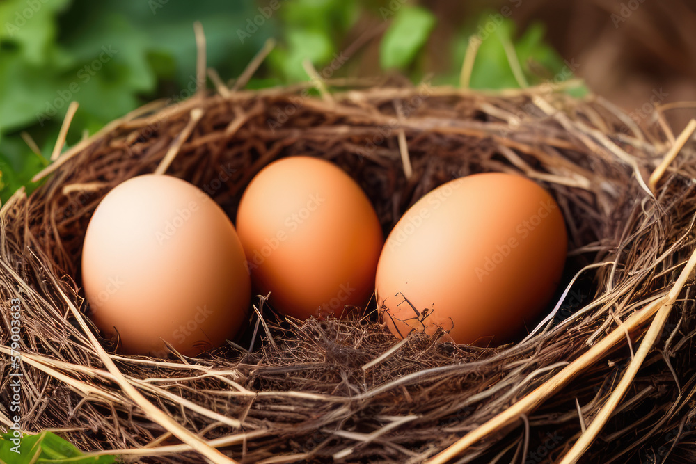 Freshly Laid Chicken Eggs in a Rustic Nest - Farm Fresh Eggs Freshly Laid Chicken Eggs in a Rustic Nest - Farm Fresh Eggs