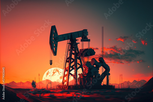 Ilustración de una silueta de un pozo petrolífero al atardecer. Generative AI