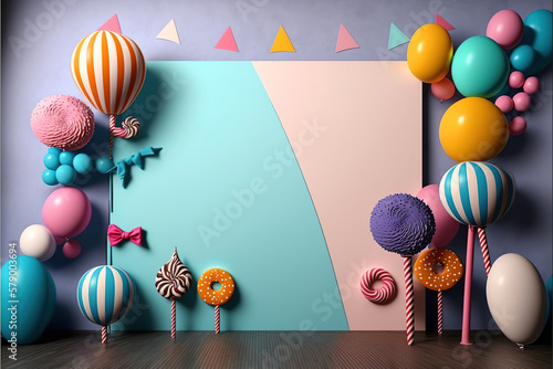 Ilustración de un fondo infantil decorado con globos y dulces de colores. Generative AI