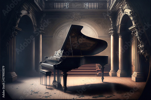 Ilustración de un piano de cola en una habitación en ruinas. Generative Ai  photo