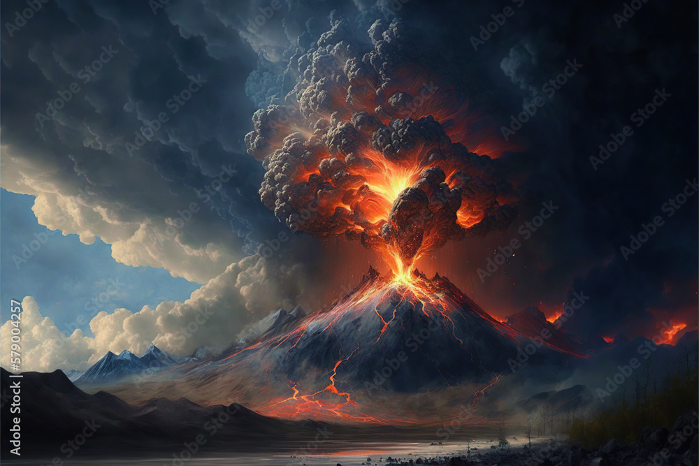 Ilustración del paisaje de un volcán entrando en erupción, escupiendo lava y cenizas y formando nueves. 