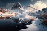 Ilustración de un paisaje montañoso nevado infernal con un gran lago en el que se refleja la montaña. Generative AI
